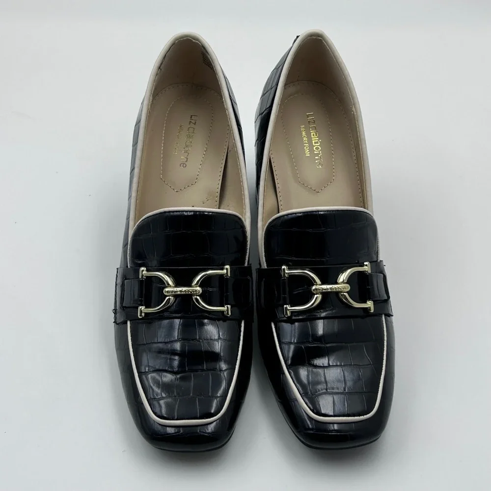 Liz Claiborne Heeled Loafers 7 Black Croc Embossed Horsebit Preppy Officecore - Picture 4 of 10